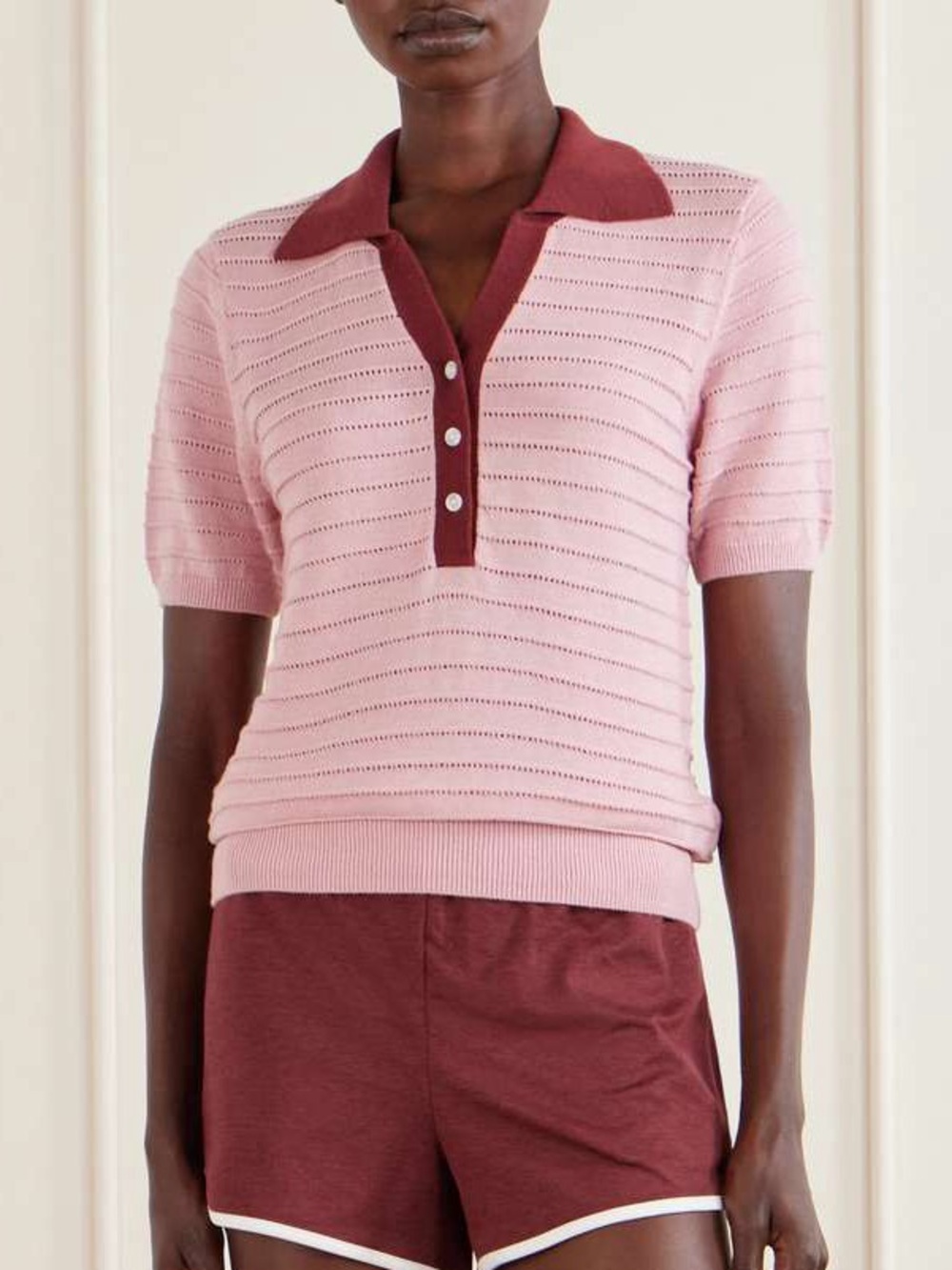 NWT Varley Wren Knit Polo Sweater Pink & Burgundy, Size Small